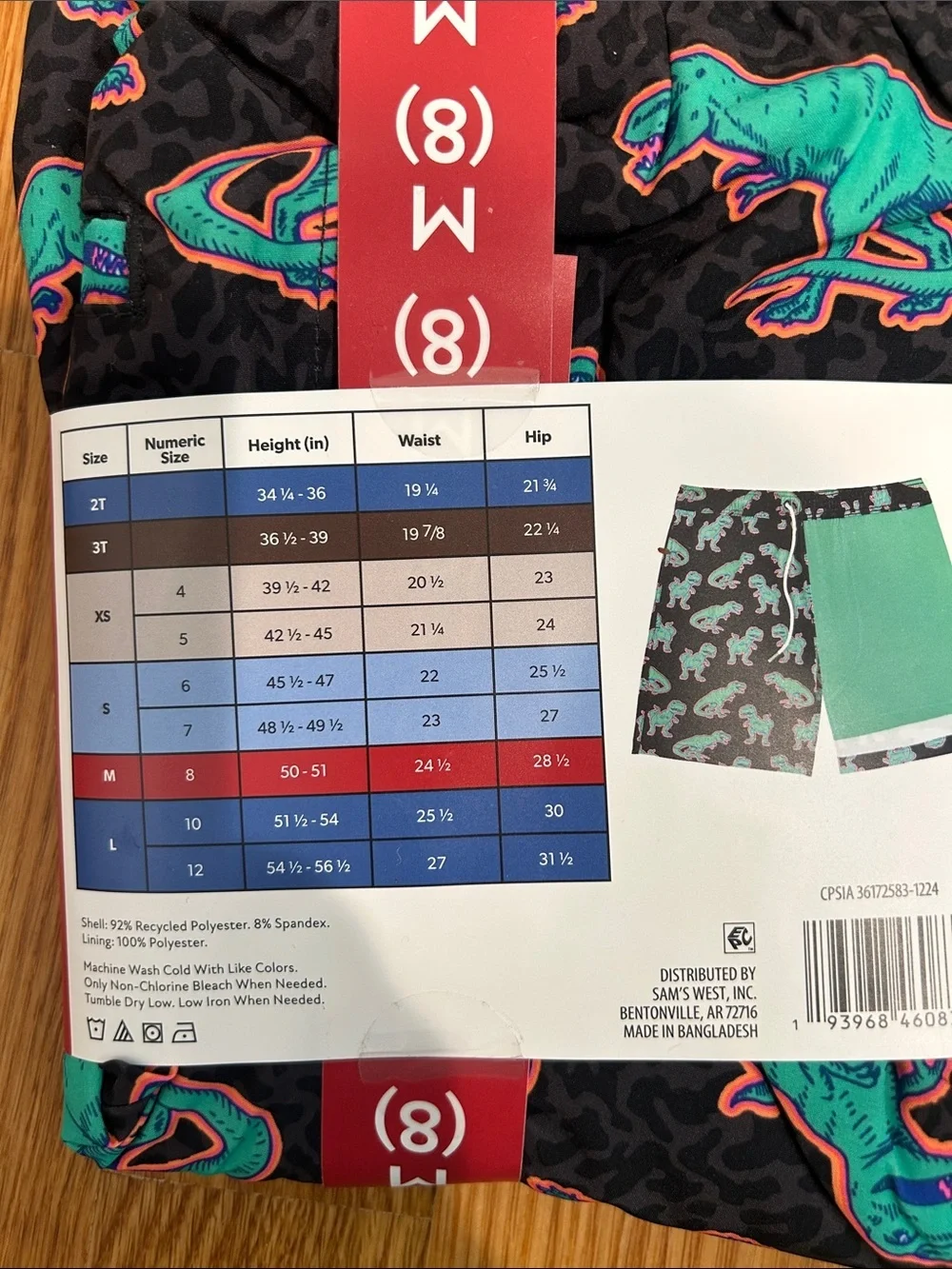 Member’s Mark Boys Resort Swim Trunk size 8 dinosaur black / flamingo blue print